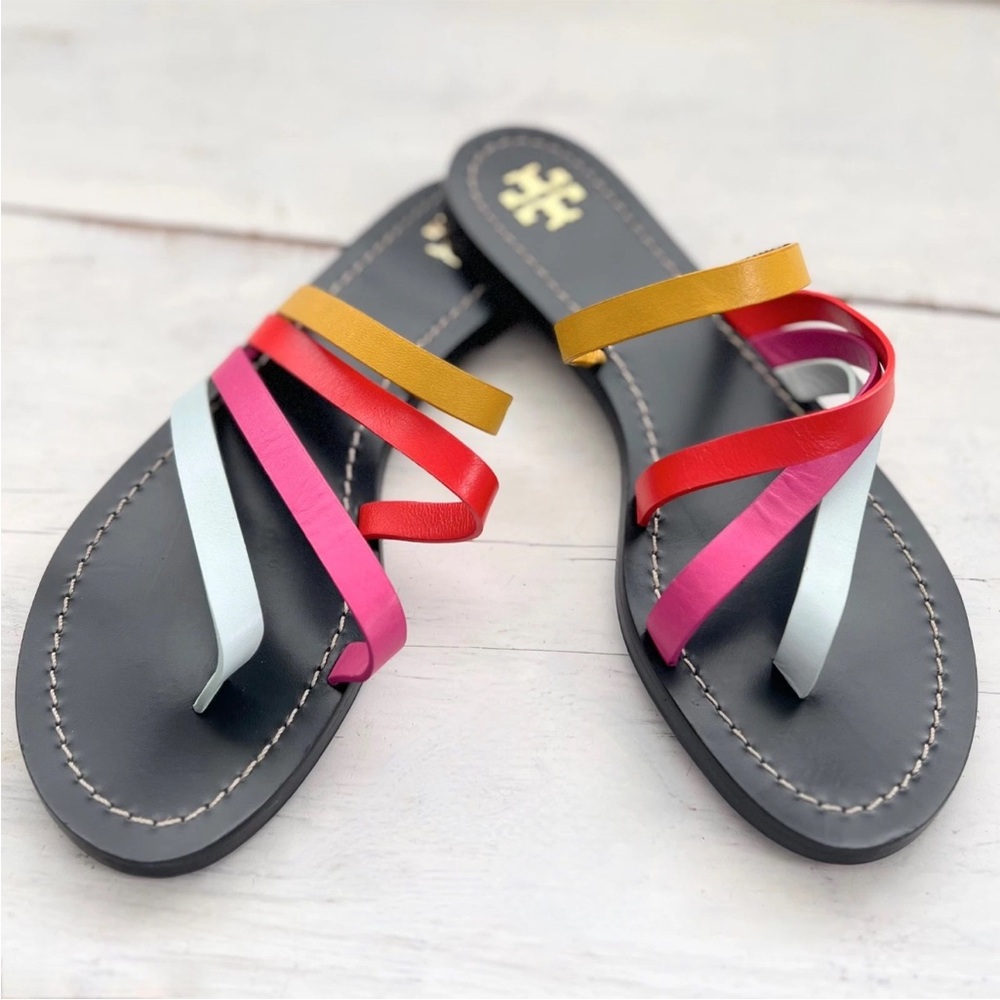 Tory Burch Patos Flat Slide On Multi Color Strappy Leather Sandals 6.5M Shoes TB - Picture 7 of 11